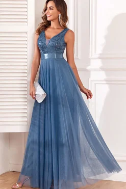 A-Line V-Neck Blue Prom Dress