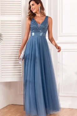 A-Line V-Neck Blue Prom Dress