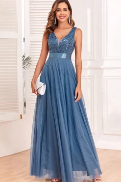 A-Line V-Neck Blue Prom Dress