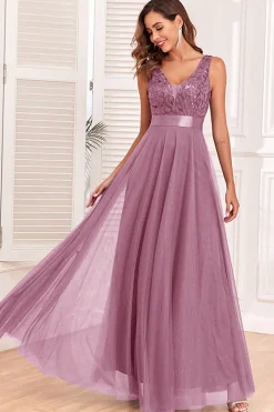 A-Line V-Neck Blue Prom Dress