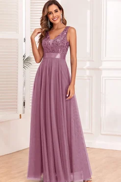 A-Line V-Neck Blue Prom Dress