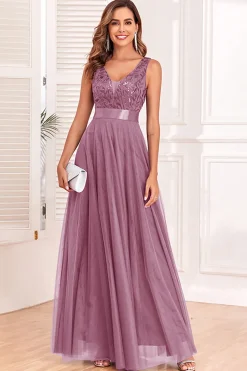 A-Line V-Neck Blue Prom Dress