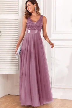 A-Line V-Neck Blue Prom Dress