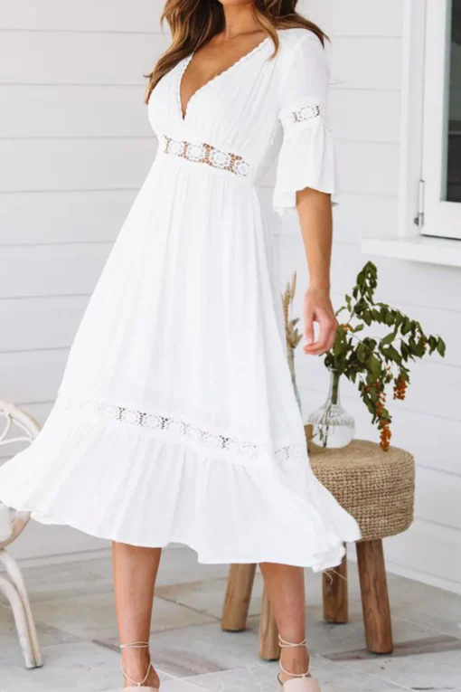A-Line V-Neck Short Sleeves White Graduation Dress