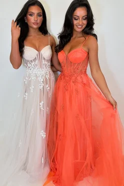 Appliques Corset Orange Spaghetti Straps A Line Prom Dress