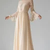Apricot Chiffon Scoop Neck Flare Sleeves A Line Lace Mother of The Bride Dress