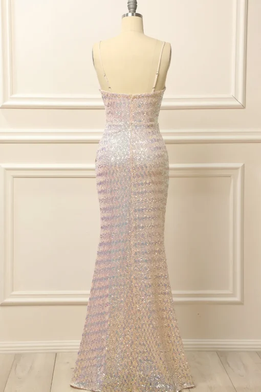 Apricot Sequins Ruched Long Prom Dress with Slit