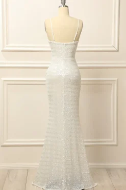 Apricot Sequins Ruched Long Prom Dress with Slit