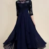 Asymmetrical Navy Mother of Bride Dress with Long Sleeves