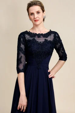 Asymmetrical Navy Mother of Bride Dress with Long Sleeves