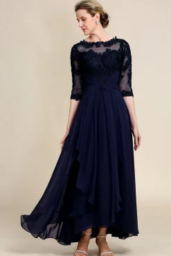 Asymmetrical Navy Mother of Bride Dress with Long Sleeves