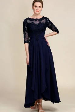 Asymmetrical Navy Mother of Bride Dress with Long Sleeves