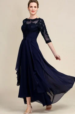 Asymmetrical Navy Mother of Bride Dress with Long Sleeves