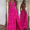Beaded Corset Tiered Fuchsia Halter Neck A Line Long Prom Dress with Slit