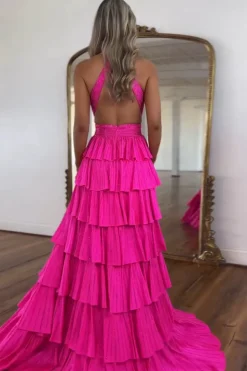 Beaded Corset Tiered Fuchsia Halter Neck A Line Long Prom Dress with Slit