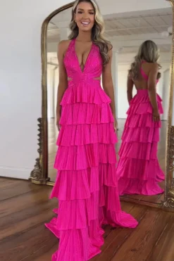 Beaded Corset Tiered Fuchsia Halter Neck A Line Long Prom Dress with Slit