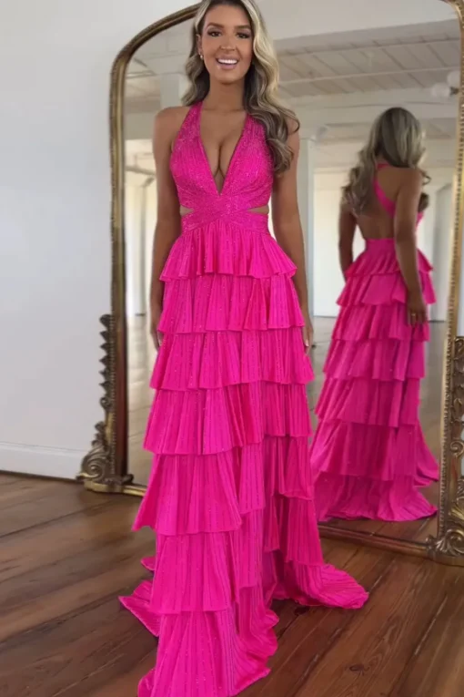 Beaded Corset Tiered Fuchsia Halter Neck A Line Long Prom Dress with Slit