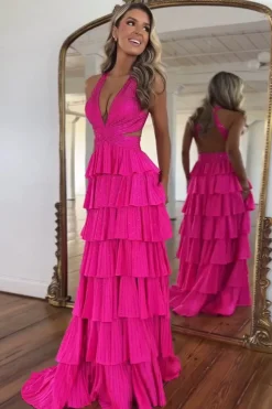 Beaded Corset Tiered Fuchsia Halter Neck A Line Long Prom Dress with Slit
