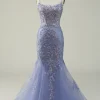 Beaded Purple Tulle Mermaid Prom Dress with Appliques