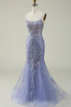 Beaded Purple Tulle Mermaid Prom Dress with Appliques