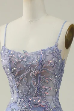 Beaded Purple Tulle Mermaid Prom Dress with Appliques