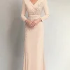 Beige Sheath V-neck Long Sleeves Mother of the Bride Dress with Appliques