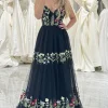 Black A-Line Spaghetti Straps Embroidered Tulle Long Prom Dress