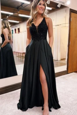Black A-Line Sparkly Prom Dress with Pockets