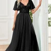 Black A-Line V Neck Long Prom Dress with Sequins