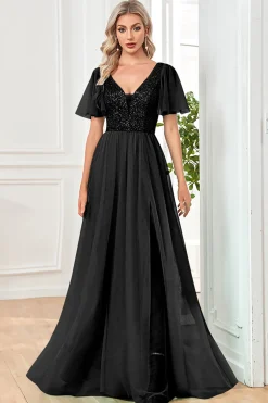 Black A-Line V Neck Long Prom Dress with Sequins