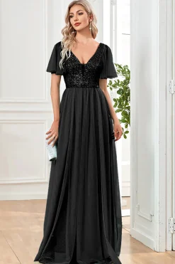 Black A-Line V Neck Long Prom Dress with Sequins