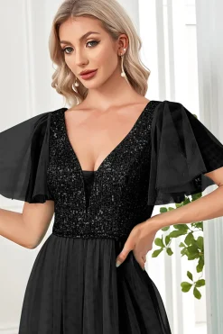 Black A-Line V Neck Long Prom Dress with Sequins