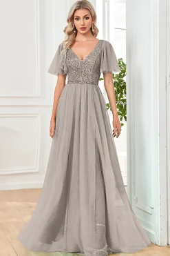 Black A-Line V Neck Long Prom Dress with Sequins