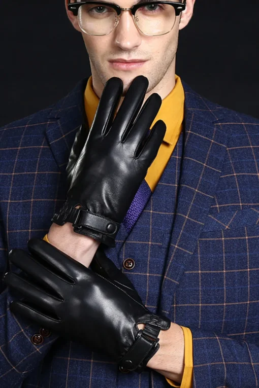 Black Leather Buckled Winter Gloves For Men