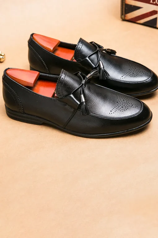 Black Leather Slip-On Fringe Men's Shoes