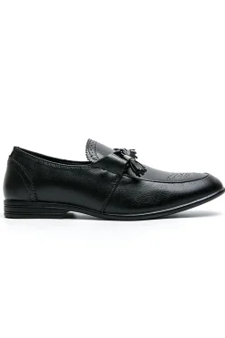 Black Leather Slip-On Fringe Men's Shoes