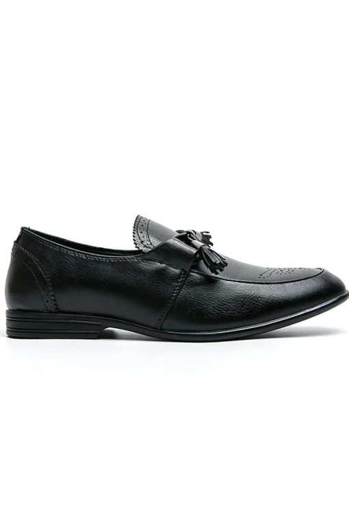 Black Leather Slip-On Fringe Men's Shoes