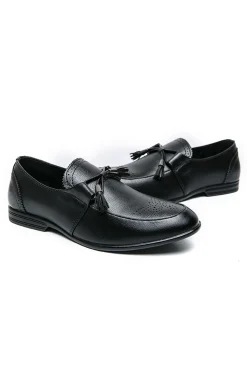 Black Leather Slip-On Fringe Men's Shoes