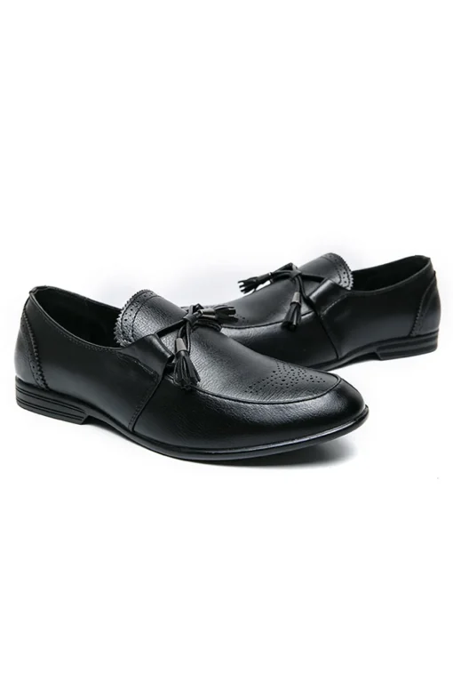 Black Leather Slip-On Fringe Men's Shoes