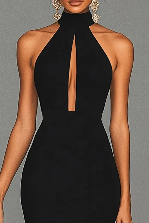 Black Mermaid Halter Neck Satin Formal Dress