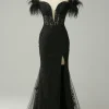 Black Off the Shoulder Mermaid Prom Dress with Feathers