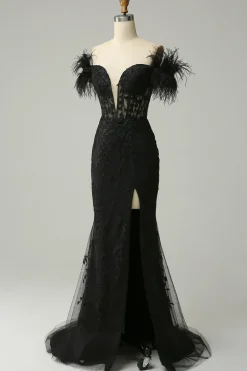 Black Off the Shoulder Mermaid Prom Dress with Feathers