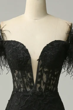 Black Off the Shoulder Mermaid Prom Dress with Feathers