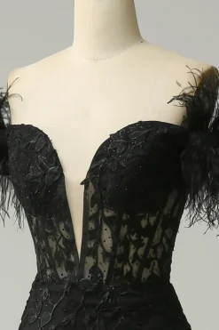 Black Off the Shoulder Mermaid Prom Dress with Feathers