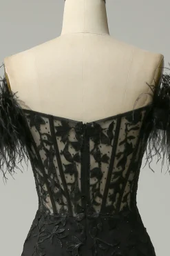 Black Off the Shoulder Mermaid Prom Dress with Feathers