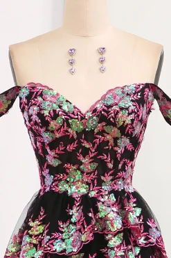 Black Pink A-line Off the Shoulder Tiered Corset Prom Dress with Split