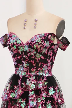 Black Pink A-line Off the Shoulder Tiered Corset Prom Dress with Split