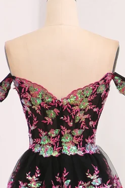 Black Pink A-line Off the Shoulder Tiered Corset Prom Dress with Split