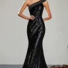 Black Sequined One Shoulder Sheath Long Prom Dress