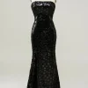 Black Sheath Strapless Sequin Prom Dress with Slit